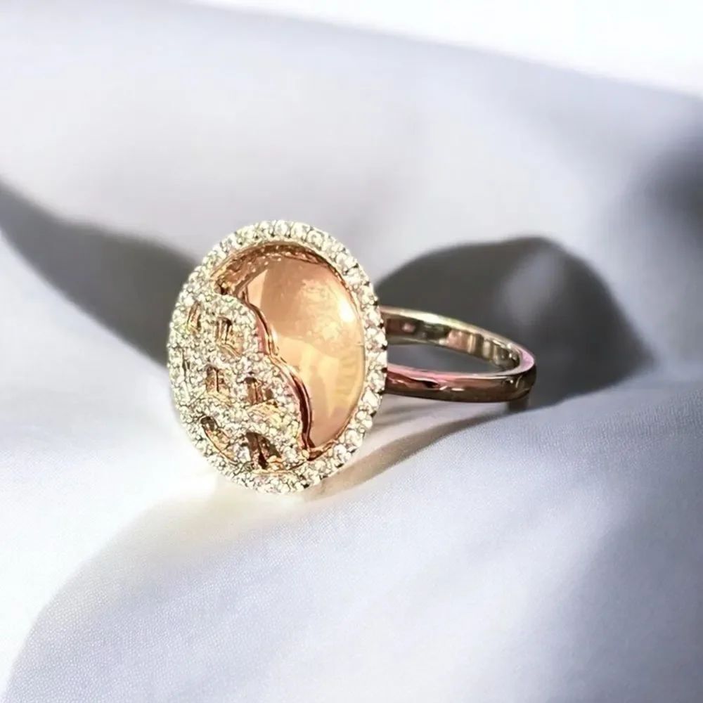 Elegant Sterling Silver Clear Crystal Rose Gold Accent Cocktail Ring Size 8